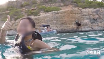 Underwater Public Adventure with Beautiful Asian Lady