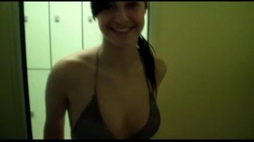 Super excited brunette babe sucks dick locker room