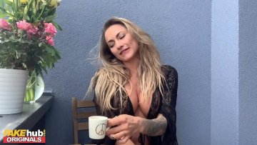 gorgeous blonde rubs pussy balcony